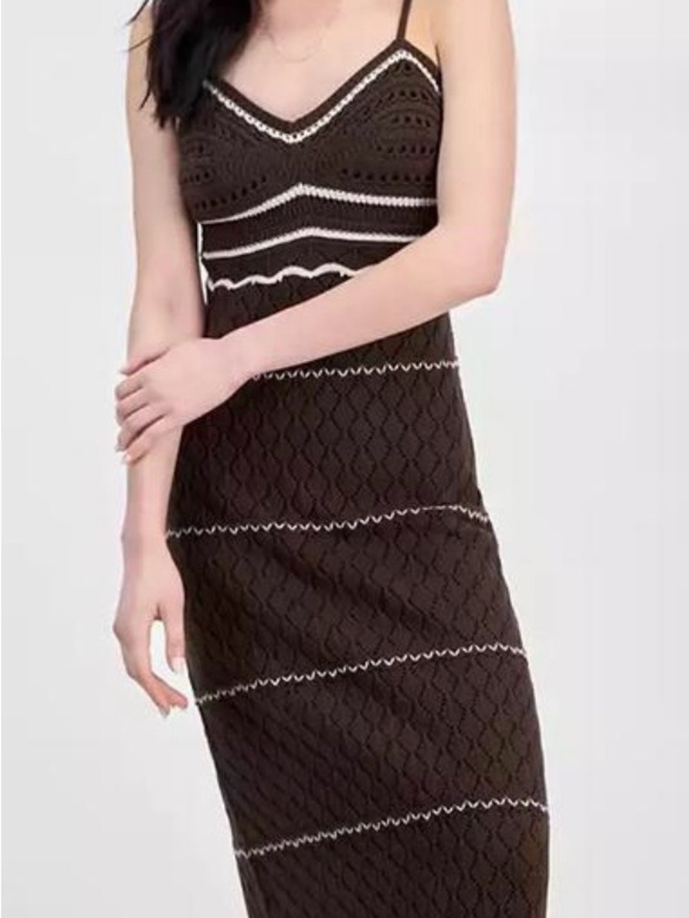 Brown Knit Midi Dress with Contrast Trim - Women's Slim Spaghetti-Strap